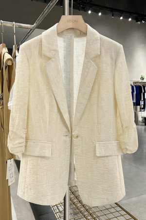 Beige Vintage Lightweight Suit Jacket for Women - 2025 Summer Slimming Pleated Blazer, Fashionable & Versatile 90s Style