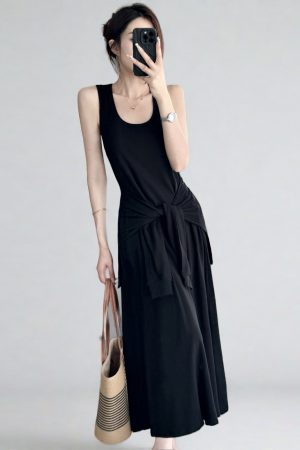 Belted Multi-Wear Vest Dress, Tie-Up, Slimming Draped Design, Large Hem, Long Summer Dress for 2025, Perfect for Y2K and Trendy Styles