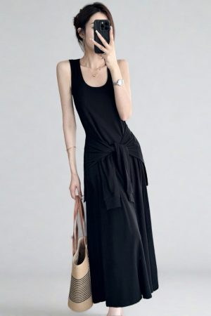 Belted Multi-Wear Vest Dress, Tie-Up, Slimming Draped Design, Large Hem, Long Summer Dress for 2025, Perfect for Y2K and Trendy Styles