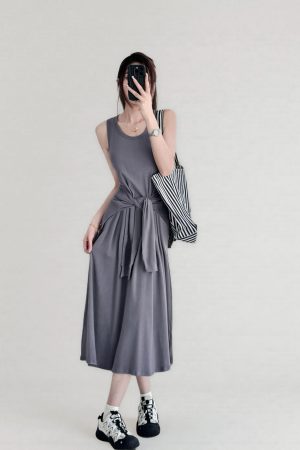 Belted Multi-Wear Vest Dress, Tie-Up, Slimming Draped Design, Large Hem, Long Summer Dress for 2025, Perfect for Y2K and Trendy Styles