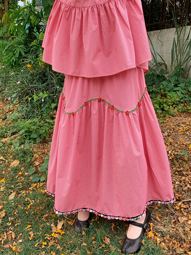 Berry Red Handmade Flower Vine Pavilion Shirt and Long A-Line Skirt Set for Women - Vintage Spring Floral Outfit Berry Red Handmade Flower Vine Pavilion Shirt and Long A-Line Skirt Set for Women - Vintage Spring Floral Outfit