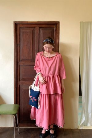 Berry Red Handmade Flower Vine Pavilion Shirt and Long A-Line Skirt Set for Women - Vintage Spring Floral Outfit