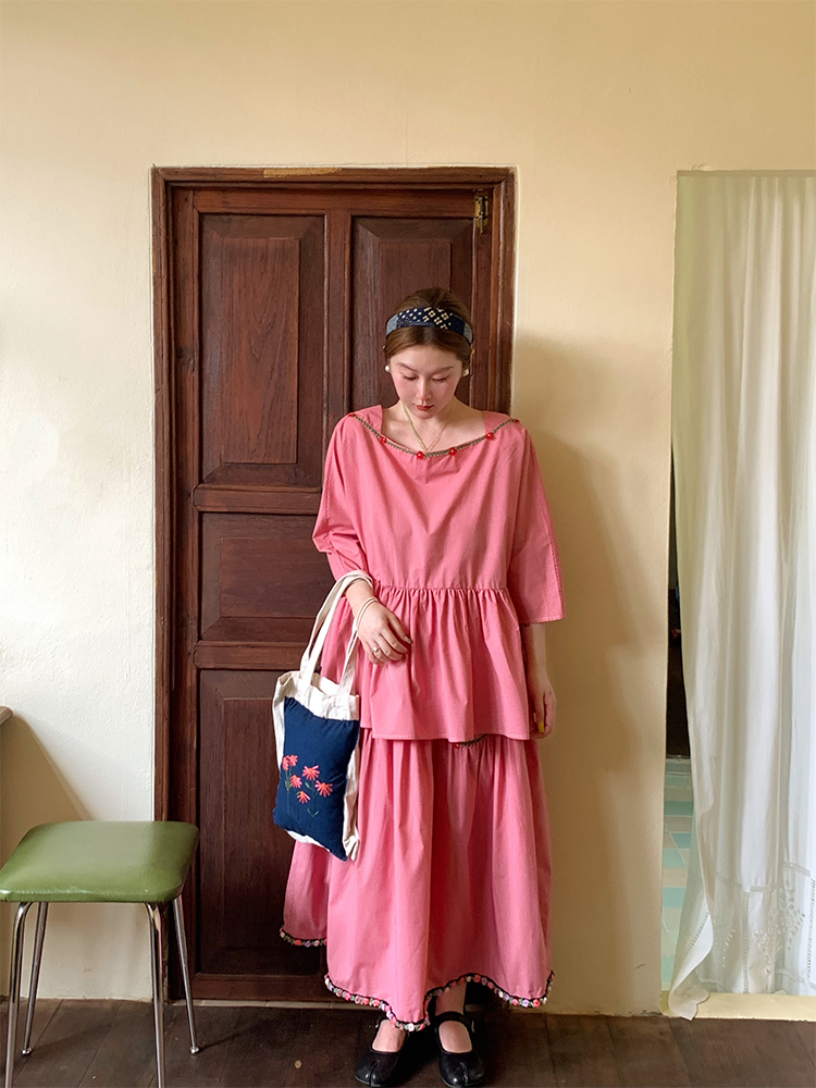 Berry Red Handmade Flower Vine Pavilion Shirt and Long A-Line Skirt Set for Women - Vintage Spring Floral Outfit Berry Red Handmade Flower Vine Pavilion Shirt and Long A-Line Skirt Set for Women - Vintage Spring Floral Outfit