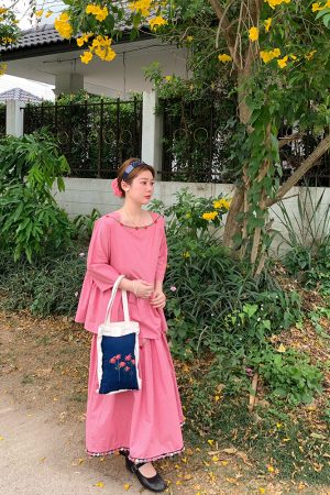 Berry Red Handmade Flower Vine Pavilion Shirt and Long A-Line Skirt Set for Women - Vintage Spring Floral Outfit
