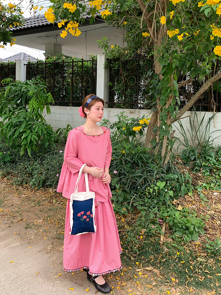 Berry Red Handmade Flower Vine Pavilion Shirt and Long A-Line Skirt Set for Women - Vintage Spring Floral Outfit Berry Red Handmade Flower Vine Pavilion Shirt and Long A-Line Skirt Set for Women - Vintage Spring Floral Outfit