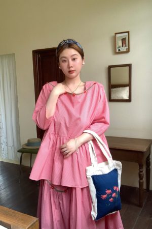 Berry Red Handmade Flower Vine Pavilion Shirt and Long A-Line Skirt Set for Women - Vintage Spring Floral Outfit