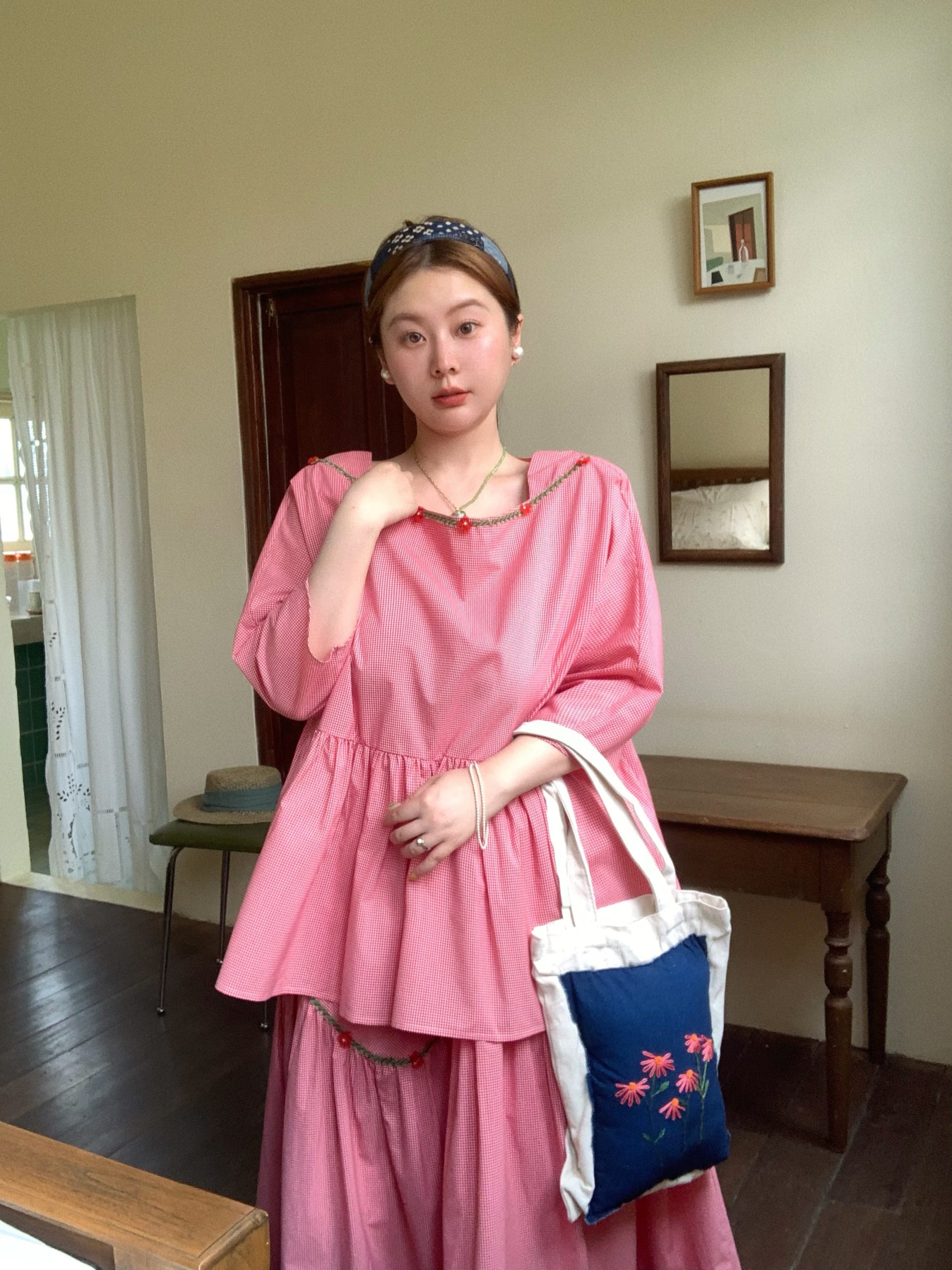 Berry Red Handmade Flower Vine Pavilion Shirt and Long A-Line Skirt Set for Women - Vintage Spring Floral Outfit Berry Red Handmade Flower Vine Pavilion Shirt and Long A-Line Skirt Set for Women - Vintage Spring Floral Outfit