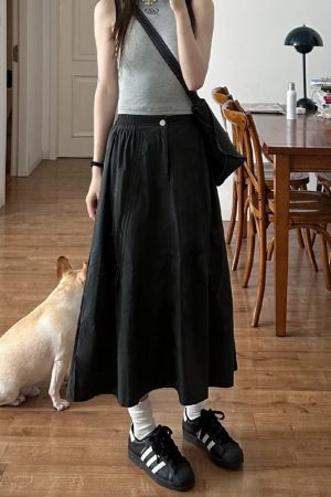 Black A-Line Work Skirt for Women - Mid-Length Slimming Umbrella Skirt for Pear-Shaped Figures - Summer 2025 Fashion