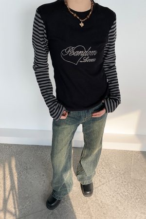 Black and Gray Color-Blocked Striped Casual Slim-Fit Knitted Long Sleeve Top Tee for Y2K and 90s Style Fashion