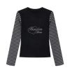 Black and Gray Color-Blocked Striped Casual Slim-Fit Knitted Long Sleeve Top Tee for Y2K and 90s Style Fashion