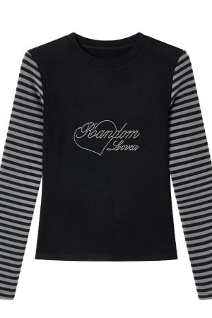 Black and Gray Color-Blocked Striped Casual Slim-Fit Knitted Long Sleeve Top Tee for Y2K and 90s Style Fashion