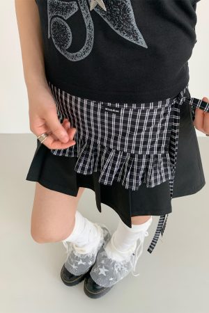 Black and White Checkered Handmade Pleated Lace One-Piece Tie Layered Skirt - Trendy Y2K Fashion Statement