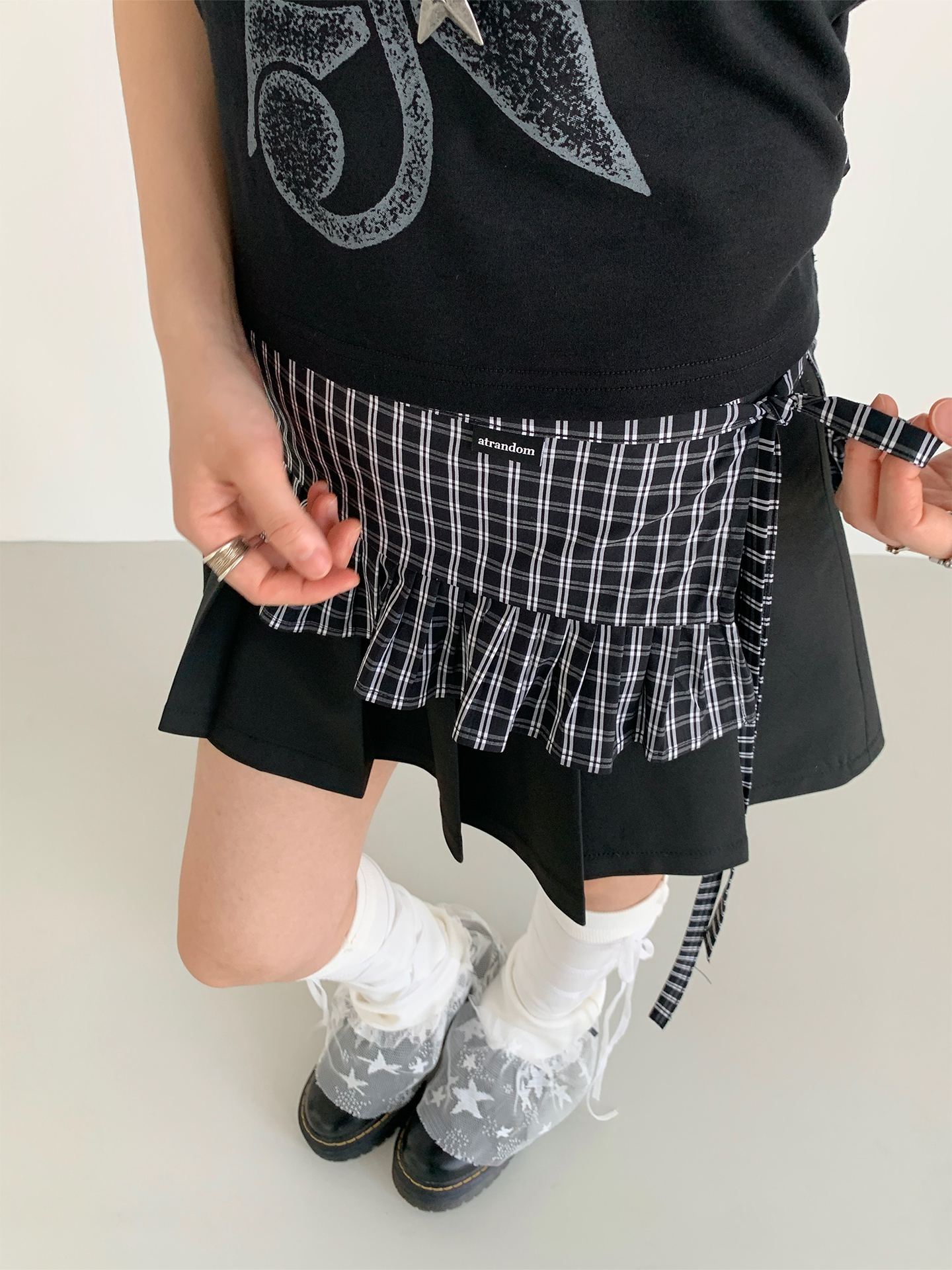 Black and White Checkered Handmade Pleated Lace One-Piece Tie Layered Skirt - Trendy Y2K Fashion Statement Black and White Checkered Handmade Pleated Lace One-Piece Tie Layered Skirt - Trendy Y2K Fashion Statement