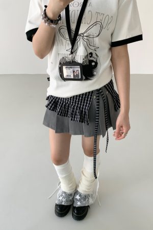 Black and White Checkered Handmade Pleated Lace One-Piece Tie Layered Skirt - Trendy Y2K Fashion Statement