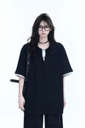 Black and White Color-Block Short Sleeve T-Shirt for Women - Fake Two-Piece Design, Round Neck, Heavy Loose Fit, Summer Style