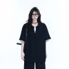 Black and White Color-Block Short Sleeve T-Shirt for Women - Fake Two-Piece Design, Round Neck, Heavy Loose Fit, Summer Style