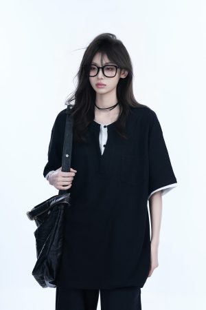 Black and White Color-Block Short Sleeve T-Shirt for Women - Fake Two-Piece Design, Round Neck, Heavy Loose Fit, Summer Style