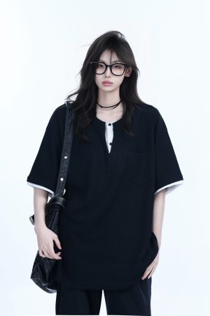 Black and White Color-Block Short Sleeve T-Shirt for Women - Fake Two-Piece Design, Round Neck, Heavy Loose Fit, Summer Style