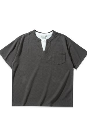 Black and White Color-Block Short Sleeve T-Shirt for Women - Fake Two-Piece Design, Round Neck, Heavy Loose Fit, Summer Style