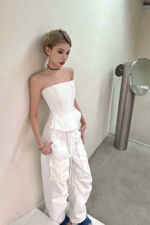 Black and White Fishbone Strapless Top with Waist-Cinching Design and Straight-Leg Parachute Pants for Cool Y2K Workwear Style