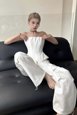 Black and White Fishbone Strapless Top with Waist-Cinching Design and Straight-Leg Parachute Pants for Cool Y2K Workwear Style