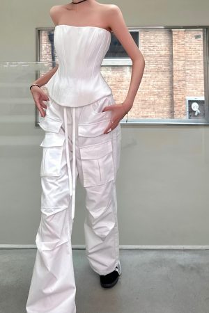 Black and White Fishbone Strapless Top with Waist-Cinching Design and Straight-Leg Parachute Pants for Cool Y2K Workwear Style