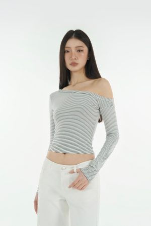 Black and White Striped Off-Shoulder T-Shirt and Straight-Leg Floor-Length Casual Pants Set - Chic Summer Outfit for 90s Style