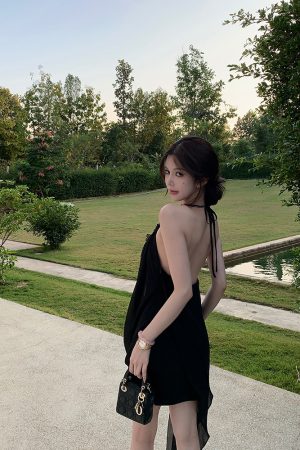 Black Backless Halter Neck Chiffon Dress with Lace - Summer Nanyang Dream Style, Short Skirt, Perfect for 90s and Y2K Fashion