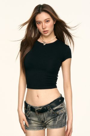 Black Bow Tie Backless T-Shirt for Women - Summer Sexy Slim Fit Short Sleeve Top, Y2K Style Fashion Essentials