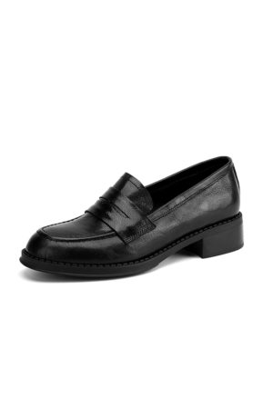 Black Chunky Heel Mid-Heel Loafers for Women - Sheepskin Round-Toe Leather Shoes - British Style Spring/Summer 2025 Fashion