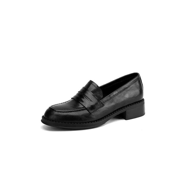 Black Chunky Heel Mid-Heel Loafers for Women - Sheepskin Round-Toe Leather Shoes - British Style Spring/Summer 2025 Fashion Black Chunky Heel Mid-Heel Loafers for Women - Sheepskin Round-Toe Leather Shoes - British Style Spring/Summer 2025 Fashion
