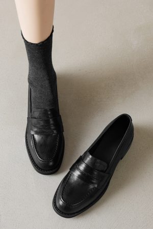 Black Chunky Heel Mid-Heel Loafers for Women - Sheepskin Round-Toe Leather Shoes - British Style Spring/Summer 2025 Fashion