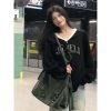 Black Color-Blocking V-Neck Sweatshirt for Women - Casual Long Sleeve Pullover with Letter Print - Spring 90s Lazy Style
