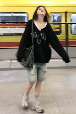 Black Color-Blocking V-Neck Sweatshirt for Women - Casual Long Sleeve Pullover with Letter Print - Spring 90s Lazy Style