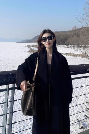 Black Double-Sided Cashmere Coat for Women - 2024 Winter Woolen Mid-Length in Korean Style for Petite Fits