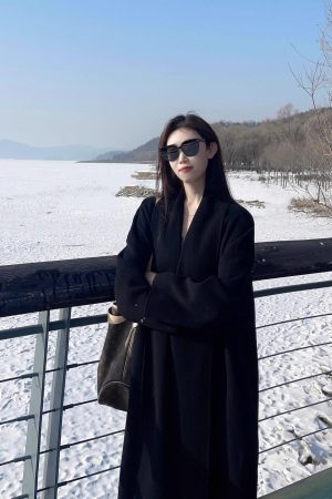 Black Double-Sided Cashmere Coat for Women - 2024 Winter Woolen Mid-Length in Korean Style for Petite Fits