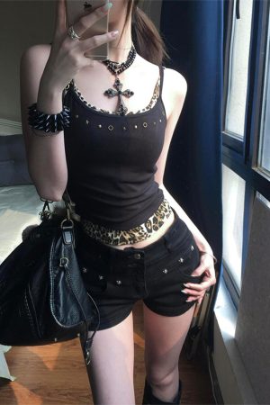 Black Faux Two-Piece Spliced Leopard Print Camisole for Women - Trendy Summer Design, Slim Fit Short Top, Chic Fashion Statement