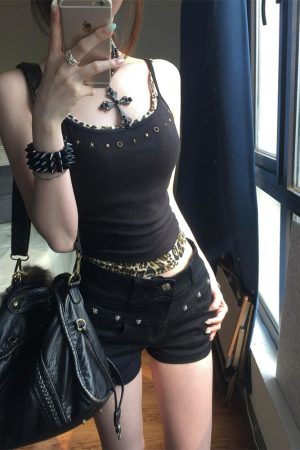 Black Faux Two-Piece Spliced Leopard Print Camisole for Women - Trendy Summer Design, Slim Fit Short Top, Chic Fashion Statement