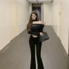 Black Flared Casual Pants with Elastic V-Shaped Hollow Waist - Slim Fit Luna Lona Design for Trendy 90s Y2K Style