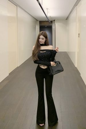 Black Flared Casual Pants with Elastic V-Shaped Hollow Waist - Slim Fit Luna Lona Design for Trendy 90s Y2K Style