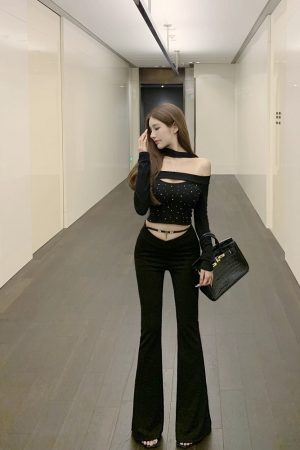 Black Flared Casual Pants with Elastic V-Shaped Hollow Waist - Slim Fit Luna Lona Design for Trendy 90s Y2K Style