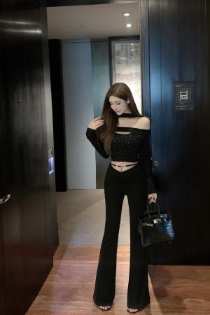 Black Flared Casual Pants with Elastic V-Shaped Hollow Waist - Slim Fit Luna Lona Design for Trendy 90s Y2K Style