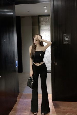 Black Flared Casual Pants with Elastic V-Shaped Hollow Waist - Slim Fit Luna Lona Design for Trendy 90s Y2K Style