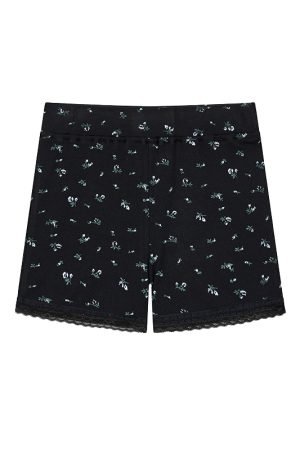 Black Floral Casual Shorts with Lace Details - Elastic Fabric Hot Pants for Home and Summer Wear