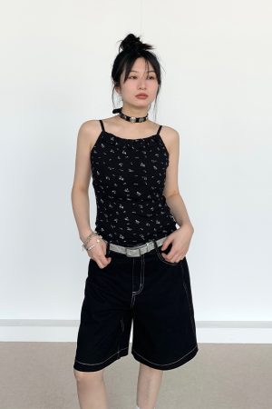 Black Floral Ruffled Strap Tank Top - Casual Fitted Vest for Summer 2024, Perfect for Y2K and 90s Style Fashion
