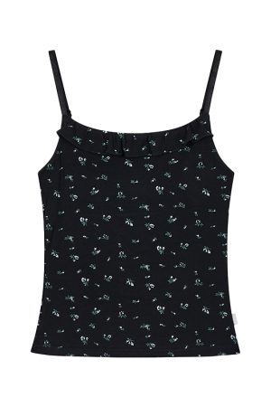 Black Floral Ruffled Strap Tank Top - Casual Fitted Vest for Summer 2024, Perfect for Y2K and 90s Style Fashion