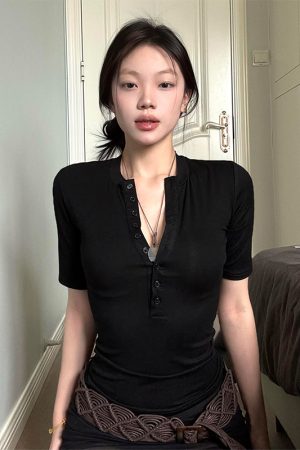 Black Henley Collar Short Sleeve Women's Slim Fit Summer Tee - Trendy Half Sleeve Top for Hot Girl Style