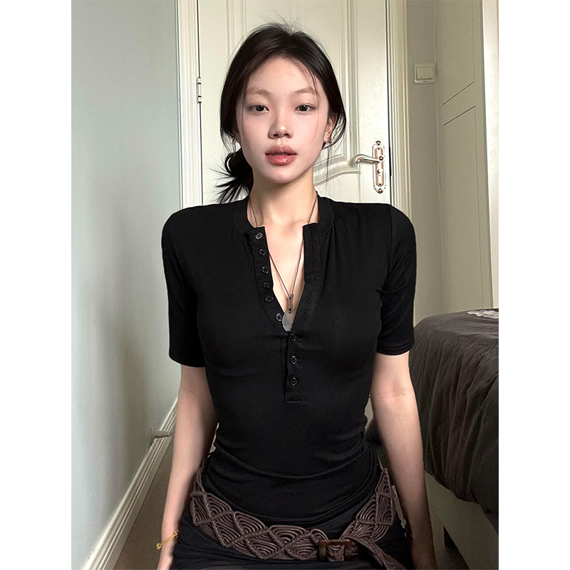 Black Henley Collar Short Sleeve Women's Slim Fit Summer Tee - Trendy Half Sleeve Top for Hot Girl Style Black Henley Collar Short Sleeve Women's Slim Fit Summer Tee - Trendy Half Sleeve Top for Hot Girl Style