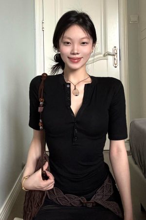 Black Henley Collar Short Sleeve Women's Slim Fit Summer Tee - Trendy Half Sleeve Top for Hot Girl Style