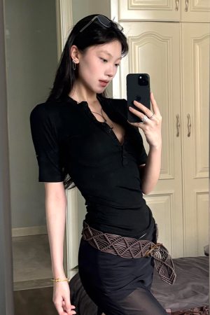 Black Henley Collar Short Sleeve Women's Slim Fit Summer Tee - Trendy Half Sleeve Top for Hot Girl Style